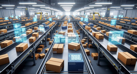 Automated warehouse interior showcasing conveyor belts filled with cardboard boxes and holographic displays above