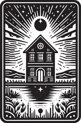 Naklejka premium Black and White Illustration of a House with a Shining Sun and Surrounding Landscape