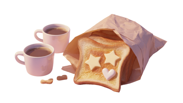 Two cups of coffee and toasted bread with butter and star-shaped decorations - Powered by Adobe