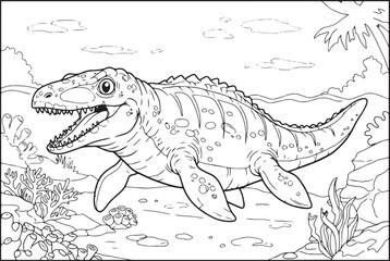 Fototapeta premium Cartoon Mosasaur Swimming in the Prehistoric Sea Coloring Book I