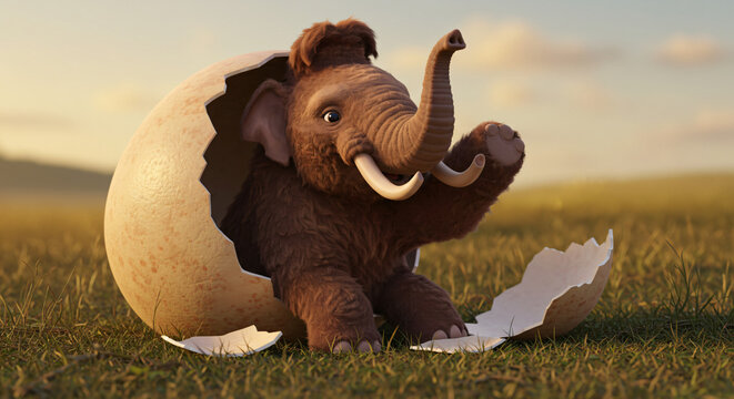 Surreal and charming depiction of a baby woolly mammoth with small tusks breaking out of a giant cracked egg in a sunny meadow