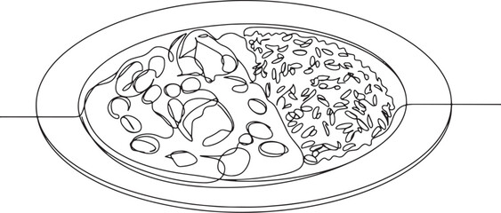 Single line art of senegalese maafe dish featuring meat, beans a