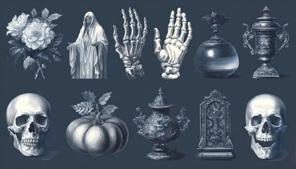 Ghost vector illustrations set with abstract designs, skeleton hands, and pumpkins.