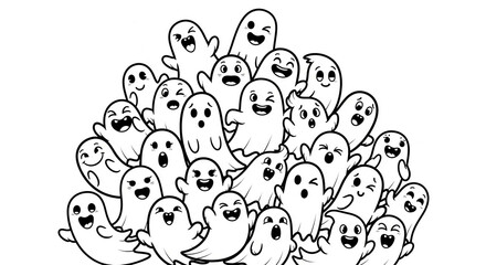 Cluster of playful cartoon ghosts, various expressions, white background, free space for text, Halloween design, fun, spooky, festive