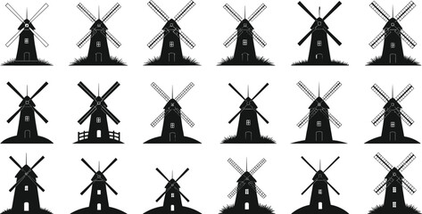 Silhouette set of traditional vintage windmills, rural wind turbine structures, countryside farming mills, agricultural building illustrations, vector graphic icons