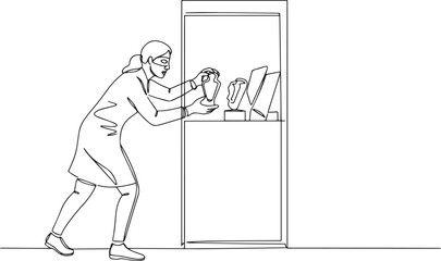 Single line drawing of a woman stealing valuable vase from museu
