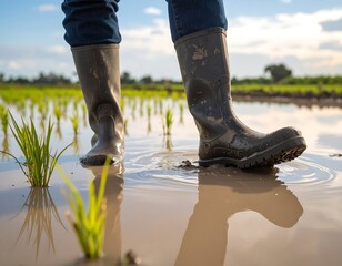 Farmer stepping into a muddy paddy field, surrounded by vibrant green rice seedlings