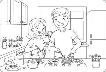 Charming outline drawing of a couple joyfully preparing pancakes