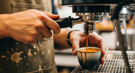 A barista expertly prepares espresso, pouring the rich coffee into a small cup with precision.
