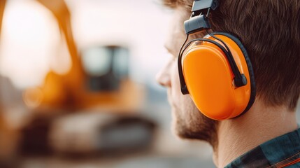 Man wearing orange safety ear muffs at construction site, focusing on hearing protection and workplace safety, with blurred heavy machinery in background, calm and focused mood