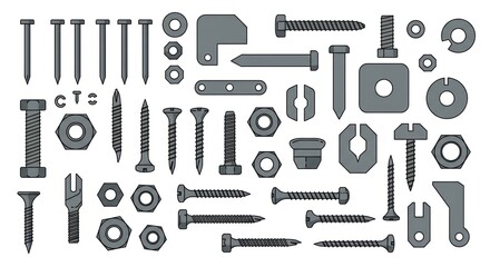 Fototapeta premium Collection of various metal fasteners, including screws, bolts, nuts, washers, and brackets.