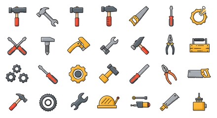 Obraz premium Collection of illustrated tools, including hammers, saws, wrenches, and screwdrivers, displayed on white background.