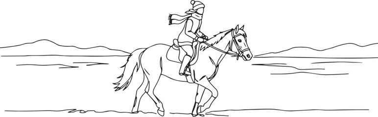 Fototapeta premium Winter equestrian adventure a line drawing of a woman riding a h