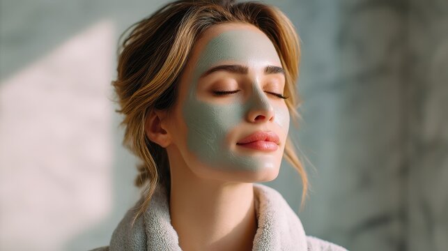 Young woman with clay mask spa robe closed eyes and relaxed expression enjoying skincare routine in bright bathroom natural light healthy skin self care peaceful mood