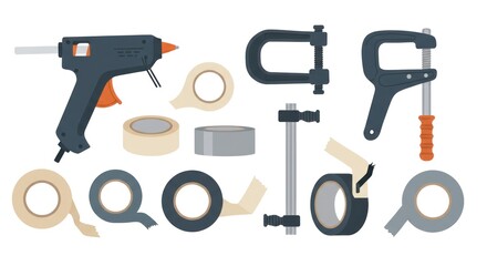 Assorted construction tools and tapes, including a glue gun, clamps, and various types of adhesive tapes.