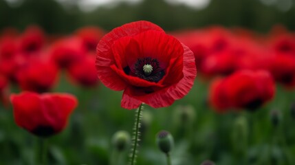 Obraz premium Vibrant Red Poppy Flower in Bloom Amidst a Field of Blossoming Poppies Under Soft Light