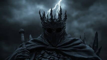 Fototapeta premium Dark Fantasy Figure with Crown Surrounded by Storm Clouds and Lightning in Mysterious Scene