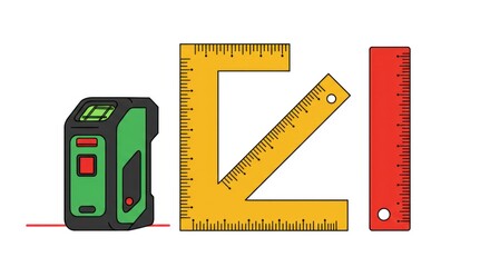 Green laser level, set square, and rulers for precise measurements.