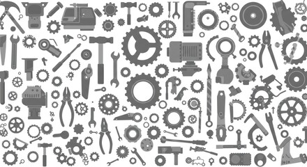 A collection of various mechanical tools and engine parts arranged in a flat lay composition.
