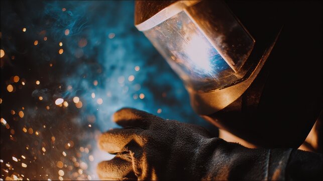 Close up welding mask protective glove sparks blue smoke industrial worker safety gear intense focus metalwork craftsmanship workshop environment