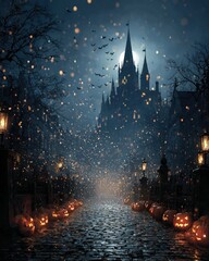 Ghosts and bats flying above a castle and graveyard with pumpkins