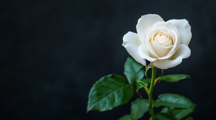 Obraz premium Elegant White Rose Bloom Against Dark Background with Lush Green Leaves Displaying Natural Beauty
