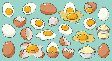 Cartoon eggs seamless pattern featuring whole, cracked, boiled, and fried eggs