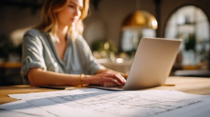 Architectural blueprint desk laptop woman workspace modern sunlight planning professional creative. focused woman works laptop sunlit desk with architectural blueprints creating productive