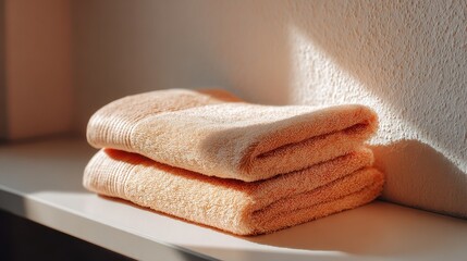 Soft towel folded neatly beige color fluffy texture cozy clean home sunlight bathroom relaxation macro image peaceful atmosphere morning light fabric absorbent