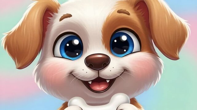 Cute cartoon puppy holding bone happy