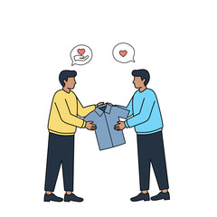 Flat vector illustration of two people donating clothes with heart icons, symbolizing kindness, charity, support, volunteer work, and community care in modern style