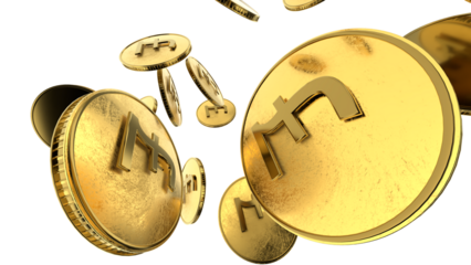 Great britain pound gold coin with GBP currency sign in isometric top view isolated on white background. 