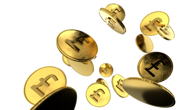 Great britain pound gold coin with GBP currency sign in isometric top view isolated on white background. 