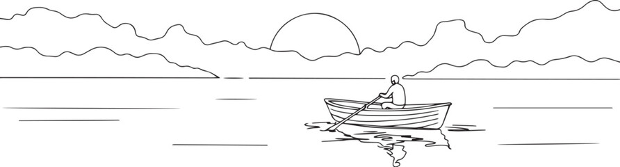 Naklejka premium Solitude journey: A lone rower embracing the sunset in peaceful