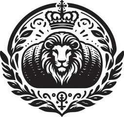 Obraz premium Intricate Black and White Lion Crest Design Featuring a Crown and Decorative Elements