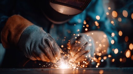 �Welding glove protective gear metalwork sparks safety macro industrial worker craftsmanship heat resistant. Close up of gloved hands welding metal with bright sparks and intense focus.�