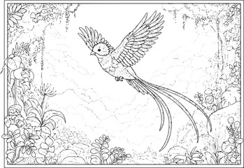 Detailed Illustration of a Resplendent Quetzal Bird in Flight wi