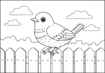 Charming Thrush Bird Perched on a Wooden Fence Coloring Page for