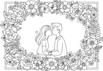 Romantic couple kissing encircled by beautiful blossoming floral