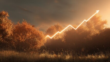 A conceptual image of a glowing graph line showing upward growth, superimposed over a productive autumn landscape.