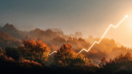 A conceptual image of a glowing graph line showing upward growth, superimposed over a productive autumn landscape. 