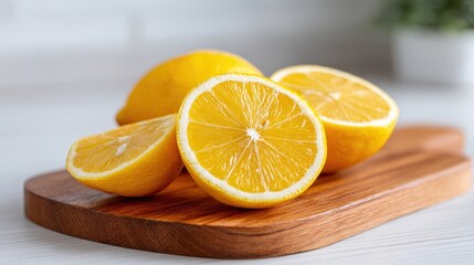 Sliced lemon citrus fruit yellow juicy fresh wooden cutting board kitchen healthy macro vibrant refreshing and natural food concept