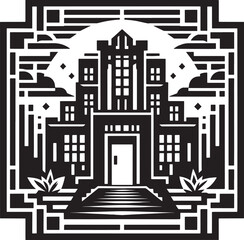Intricate Black and White Architectural Illustration of a Building with Geometric Design