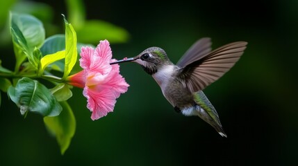 Fototapeta premium Vibrant Hummingbird Feeding on Pink Flower in a Lush Green Environment
