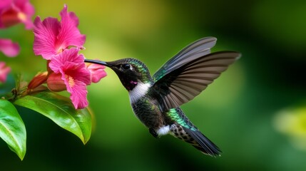 Fototapeta premium Colorful Hummingbird Feeding on Vibrant Tropical Flower in Lush Green Background