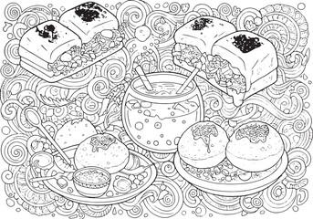 Intricate line art illustration of popular Indian street food Pa