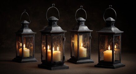 Four antique-style lanterns with lit candles