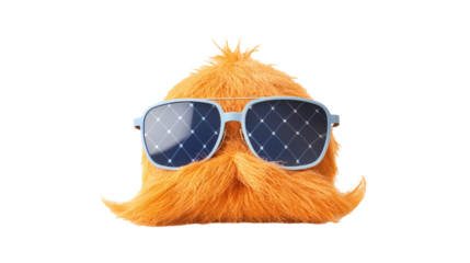 Whimsical orange furry character with bushy mustache and oversized blue sunglasses resembling solar panels, isolated on white background for humorous eco design