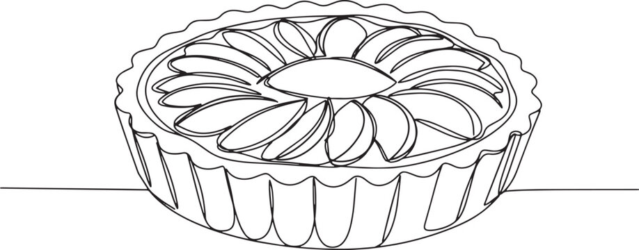 Elegant continuous line drawing of a plum tart, minimalist culin