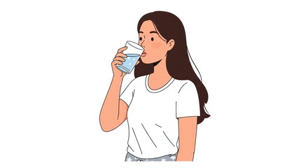 Young woman with long brown hair drinks water from a clear glass.